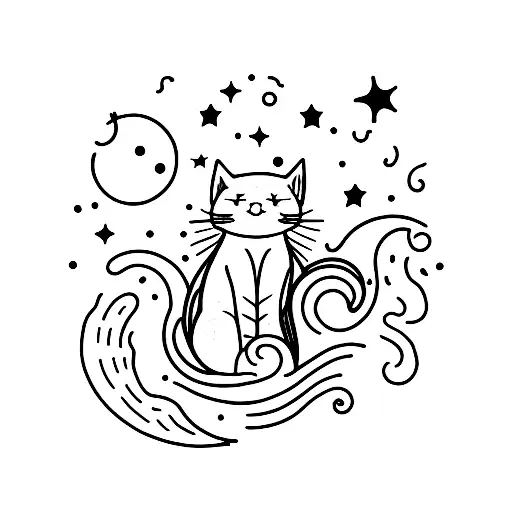 A whimsical black and grey tattoo featuring a cat sitting on a crescent moon, surrounded by a celestial night sky filled with stars and galaxies tattoo design idea