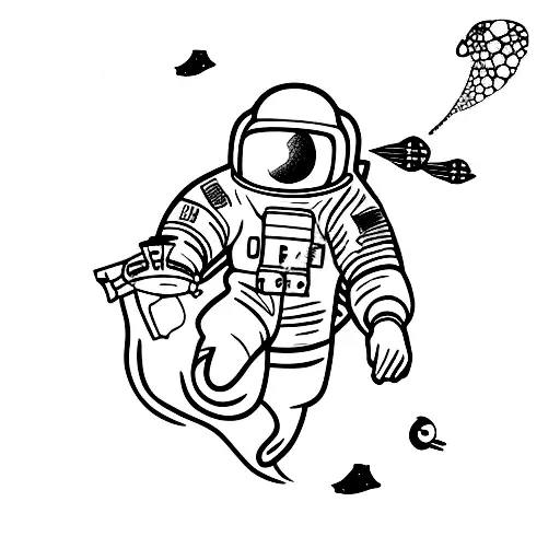 Astronaut floating in space looking down at scuba diver in old suit in ocean tattoo design idea