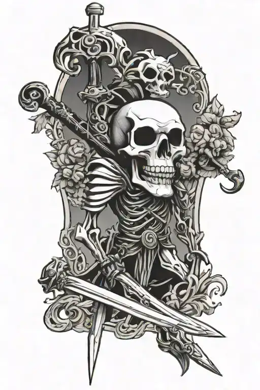skelton standing straight holding a long sword tattoo design idea
