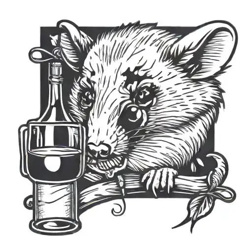cute opossum drinking wine bottle tattoo design idea