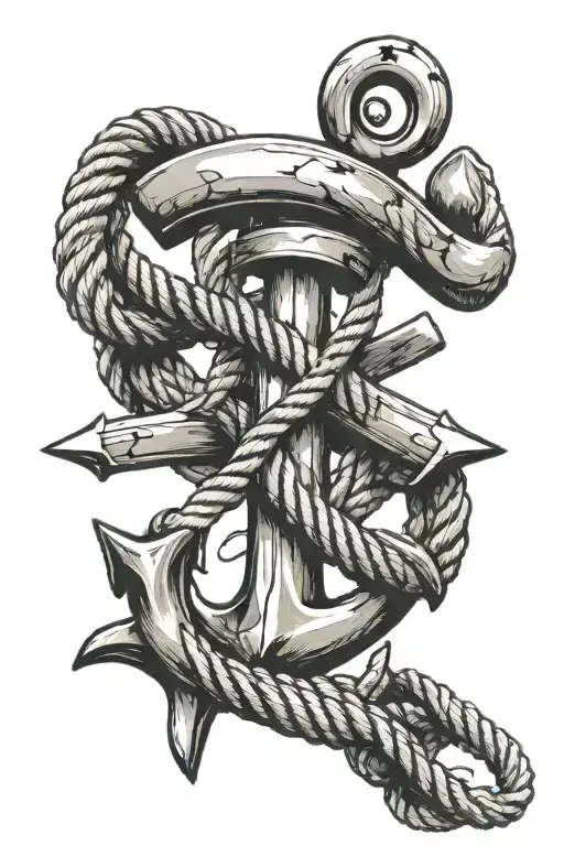 anchor with rope intertwined. rope is shaped like a handwritten letter E tattoo design idea
