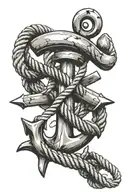 anchor with rope intertwined. rope is shaped like a handwritten letter E tattoo design idea