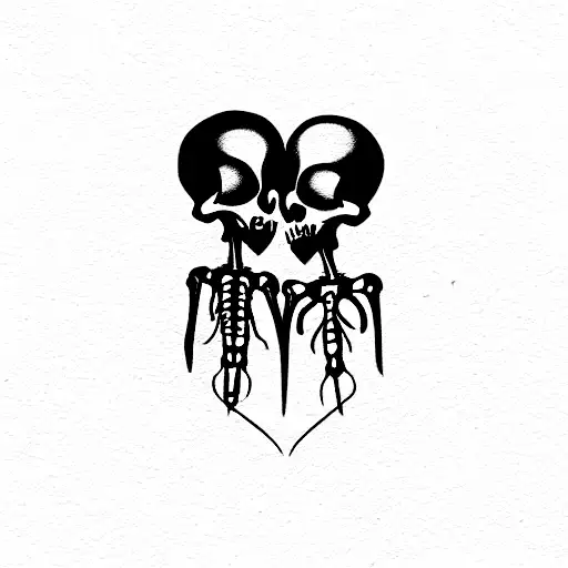 two skeleton head kissing in a heart  tattoo design idea