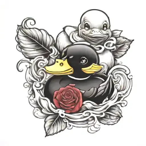 rubber duck with a red rose and amythest tattoo design idea