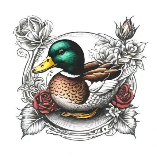 duck with red rose and amythest crystal ball tattoo design idea