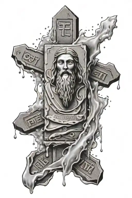 two stone tablets with the 10 commandments in Hebrew, with water splashing behind it, and Jesus Christ face above it tattoo design idea