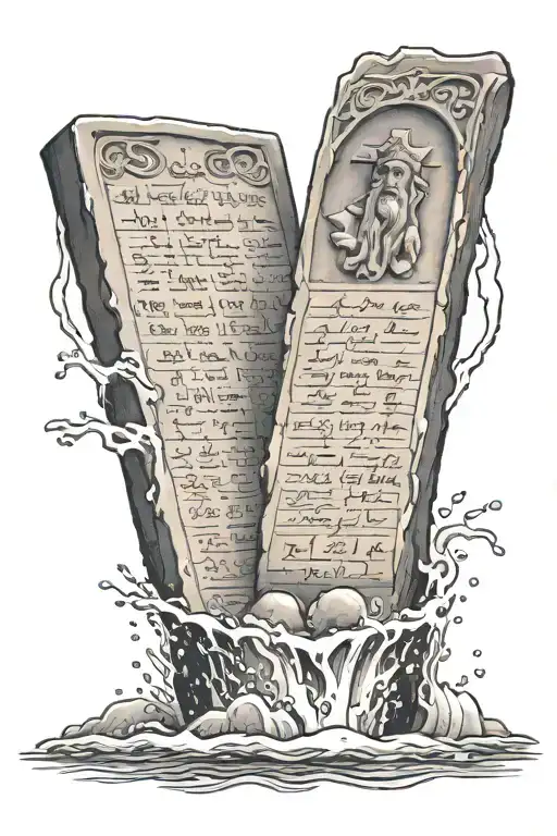 two stone tablets with the Ten Commandments in Hebrew, with water splashing behind them, and Jesus face above it tattoo design idea