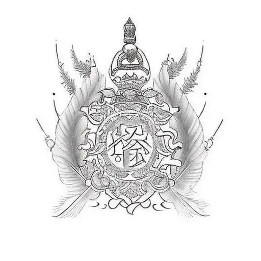 A tattoo design that combines heraldic elements representing the surnames Perez and Roman, incorporating a feather or other writing-related symbol for the Perez surname and a crown or other symbol of royalty for the Roman surname. The design should be elegant and professional, with colors that convey seriousness and trust. tattoo design idea