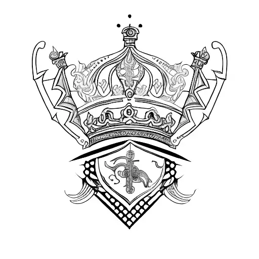 A tattoo design that combines heraldic elements representing the surnames Perez and Roman, incorporating a feather or other writing-related symbol for the Perez surname and a crown or other symbol of royalty for the Roman surname. The design should be elegant and professional, with colors that convey seriousness and trust. tattoo design idea