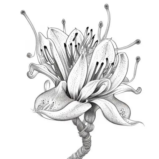 Japanese death lilies entwined with spider webs in sketch style tattoo design idea