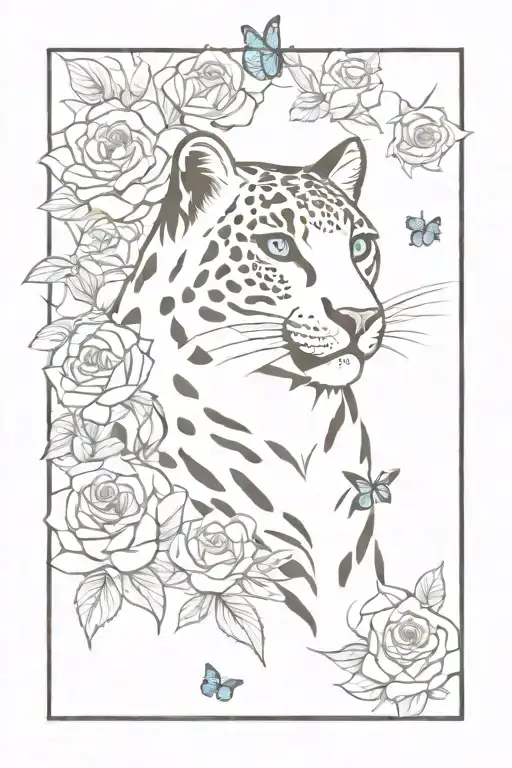 blue-eyed snow leopard surrounded by blue butterflies and roses tattoo design idea