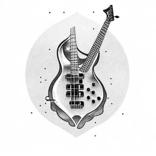 A bass guitar with a mountain landscape inside the body tattoo design idea