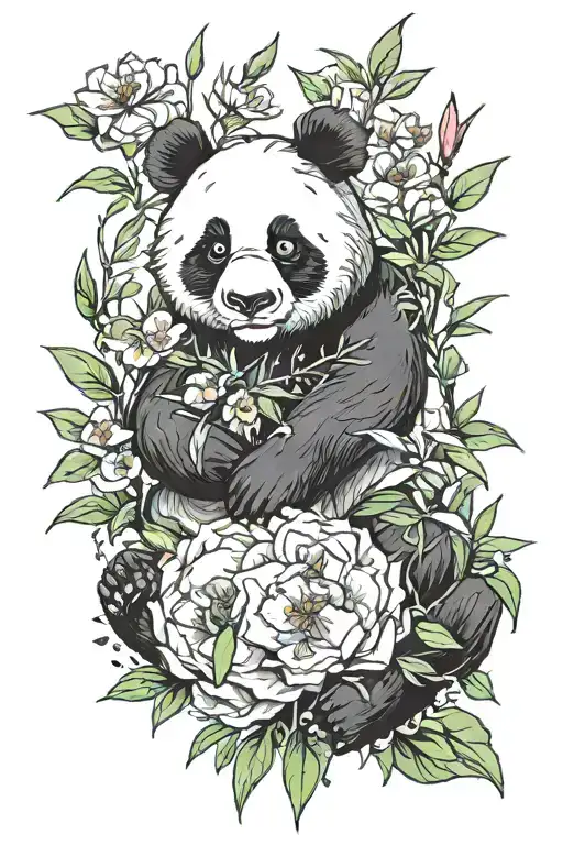 panda on top of bamboo looking down at bloasoming flowers tattoo design idea