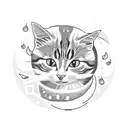 A pixelated cat sitting on a crescent moon surrounded by roses and beads tattoo design idea