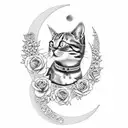 A pixelated cat sitting on a crescent moon surrounded by roses and beads tattoo design idea