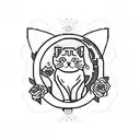 A pixelated cat sitting on a crescent moon surrounded by roses and beads tattoo design idea