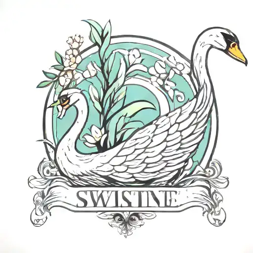 swan with justine name incorporated tattoo design idea