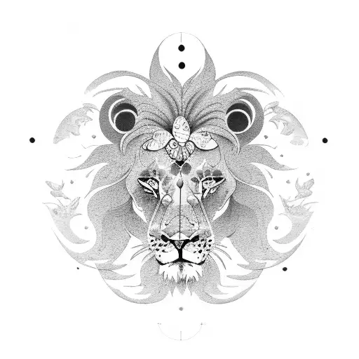 lion and butterfly and sun tattoo design idea