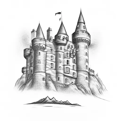 A dotwork tattoo of a Scottish castle nestled amidst breathtaking landscapes, paying homage to your favorite place, Scotland. tattoo design idea