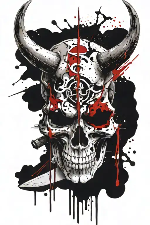 Taurus skull with Scottish sword piercing tattoo design idea