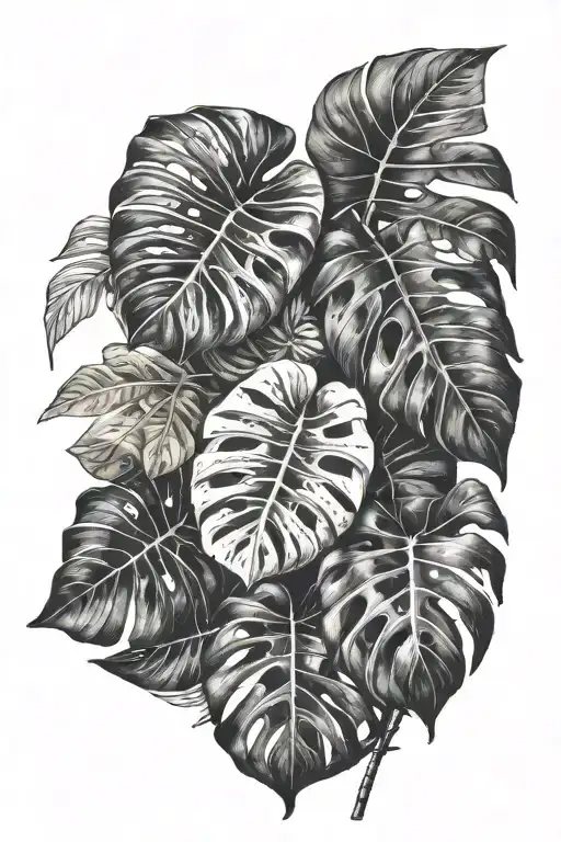 monstera fern forest plants tattoo design idea