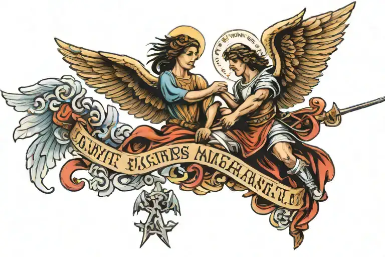 the words "saint michael the archangel" on my right shoulder and "defend us in battle" on my left shoulder  tattoo design idea
