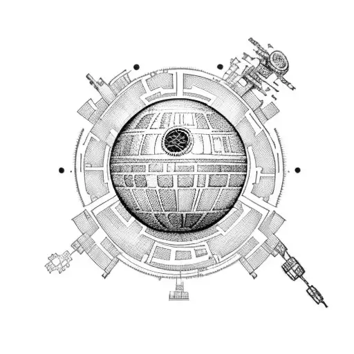 A blackwork tattoo of the Death Star surrounded by medical instruments tattoo design idea