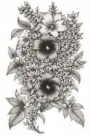 Foxgloves, calendulas, honeyworth, borage, geum, granny’s bonnet, vetch, forget me nots, rhododendron tattoo design idea