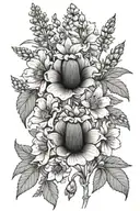 Foxgloves, calendulas, honeyworth, borage, geum, granny’s bonnet, vetch, forget me nots, rhododendron tattoo design idea