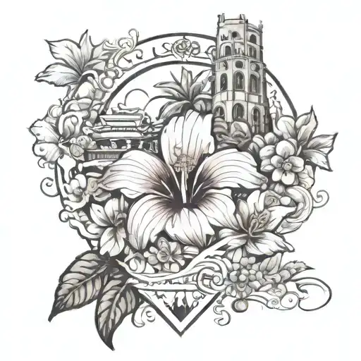 hibiscus flower surrounded travel landmarks tattoo design idea