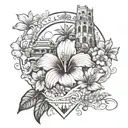 hibiscus flower surrounded travel landmarks tattoo design idea