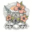 hibiscus flower surrounded travel landmarks tattoo design idea