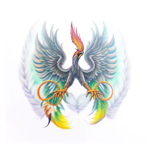 Phoenix with a curled tail and four feathers each painted like a different element  tattoo design idea