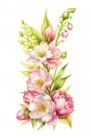 daisy, lily of the valley, peony flowers tattoo design idea