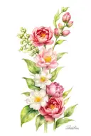 daisy, lily of the valley, peony flowers tattoo design idea