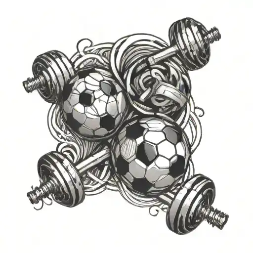 An abstract design of intertwined soccer balls and dumbbells, with the word 'Blessed' incorporated, representing your gratitude towards God for your athletic abilities tattoo design idea