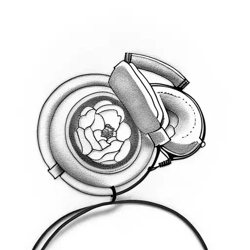A minimalist tattoo of headphones with peonies intertwined in the wires tattoo design idea