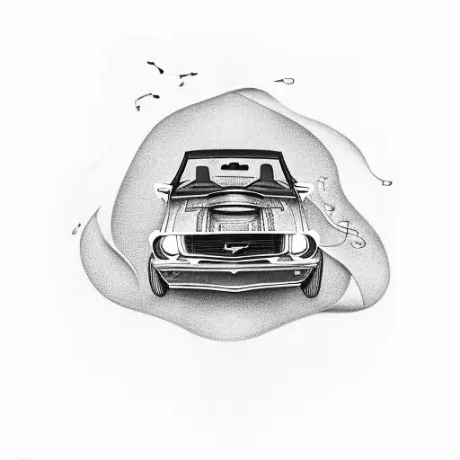 A cashier driving a vintage 2003 Ford Mustang with music notes swirling around tattoo design idea