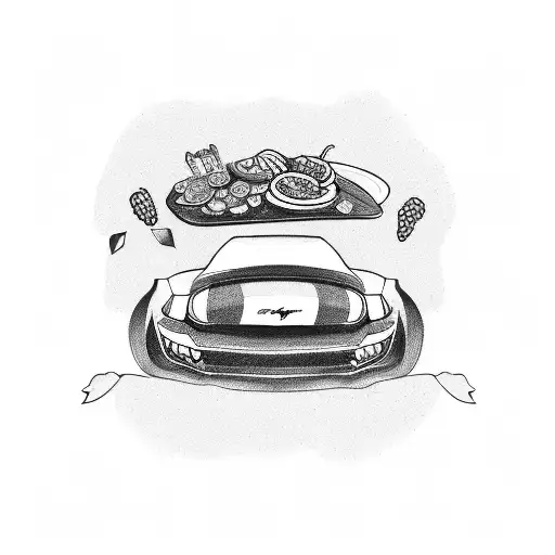 A sketch of a mustang car surrounded by various food items tattoo design idea