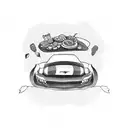 A sketch of a mustang car surrounded by various food items tattoo design idea