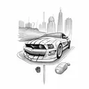 A sketch of a mustang car surrounded by various food items tattoo design idea