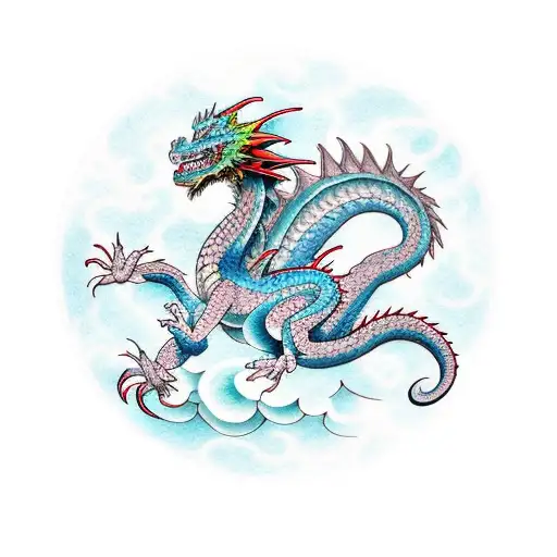 colored dragon over air with cloud cover tattoo design idea