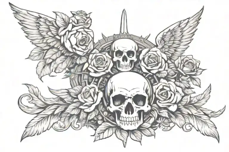 skull rose wings and ship rudder tattoo design idea