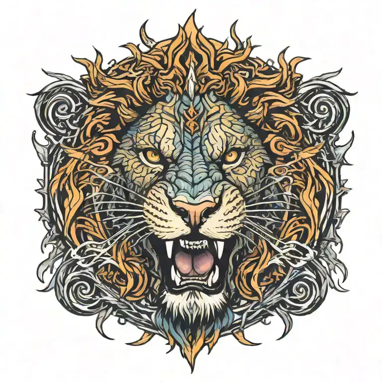 Lion biting lightning bolt striking tattoo design idea