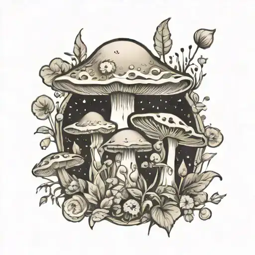 cosmic botanical mushroom garden line art tattoo design idea