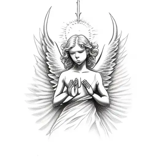 angel for hand tattoo , with praying hands roses laying on the ground tattoo design idea