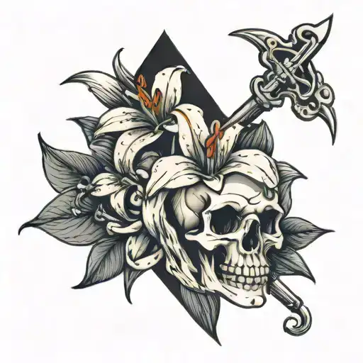 1 lily with a dagger, 1 lily crying blood, 1 lily with a skull in the center tattoo design idea