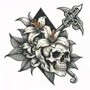 1 lily with a dagger, 1 lily crying blood, 1 lily with a skull in the center tattoo design idea