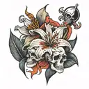 1 lily with a dagger, 1 lily crying blood, 1 lily with a skull in the center tattoo design idea