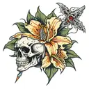 1 lily with a dagger, 1 lily crying blood, 1 lily with a skull in the center tattoo design idea